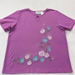 Alfred Dunner Petite Medium Purple Embroidered Flower Purple Shirt Women's